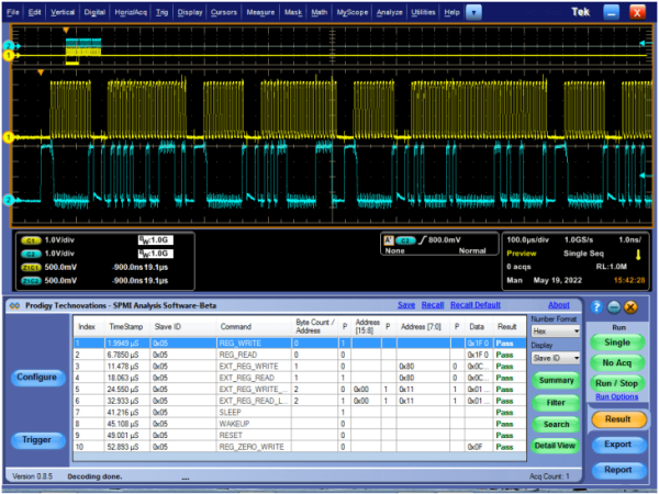 SPMI protocol decode software showing waveform and decode table on Tektronix oscilloscope plugin – Prodigy Technovations