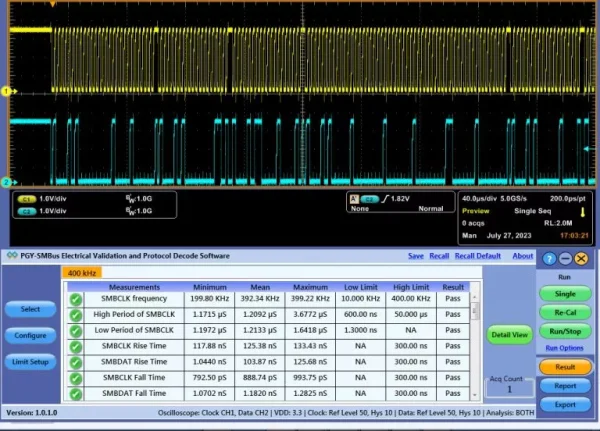 SMBus protocol decode software showing waveform and measurements on Tektronix oscilloscope. Prodigy Technovations