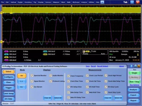 I2S protocol decode software showing waveforms and measurements on a Tektronix oscilloscope - Prodigy Technovations